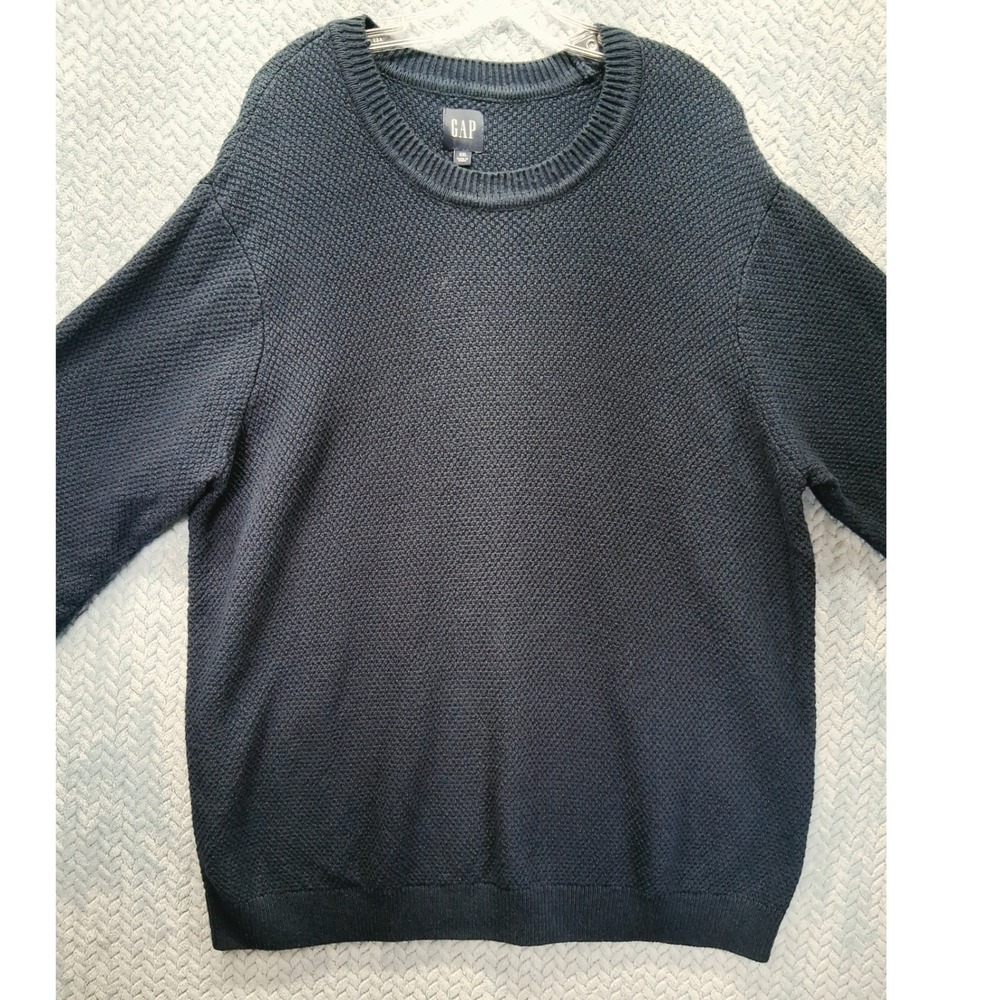 Gap Mens XXL Navy Blue Waffle Knit Crewneck Sweater Cotton Blend Pullover